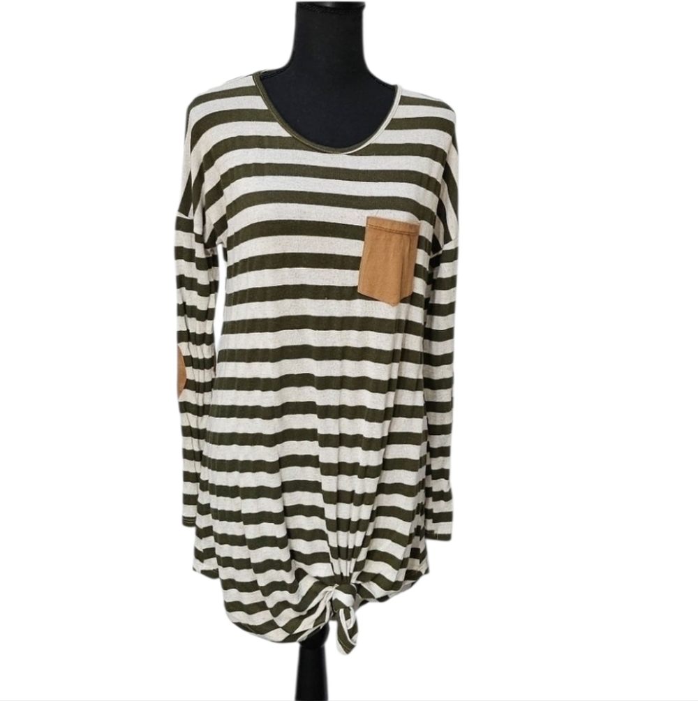 Giddy Up Glamour Stripped Tunic With Elbow Patches Army Green Brown Size L